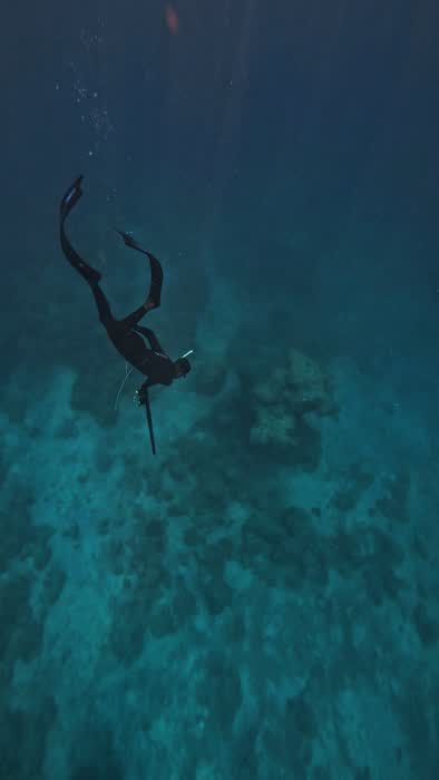 A lone diver in open blue water above a distant reef